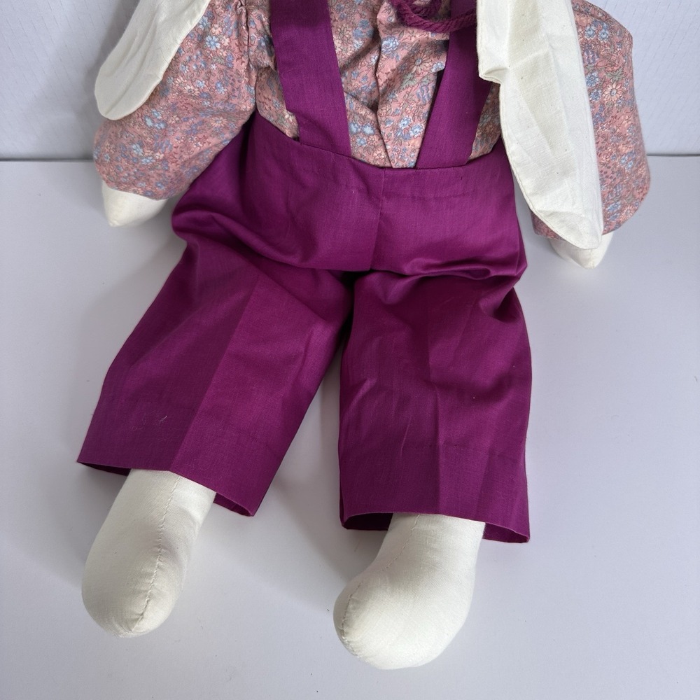 19" Vtg Handmade Bunny Rabbit Floppy Ear‎ Rag Doll Red Shirt Overalls Folk Art - Picture 3 of 5